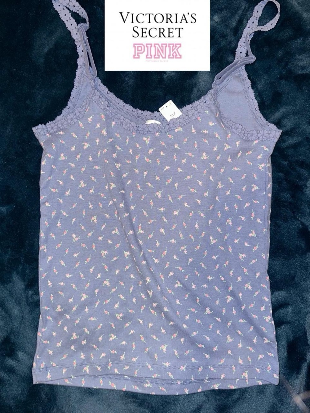 Victoria’s Secret PINK blue floral lace tank top cami. Adult size small.